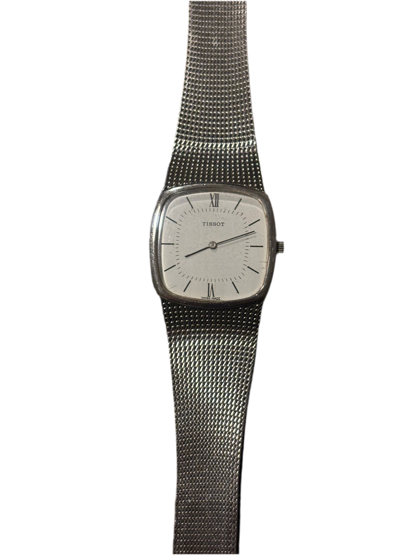 Ultra rare integrated mesh wind up Tissot Swiss white dial Roman numeral accent