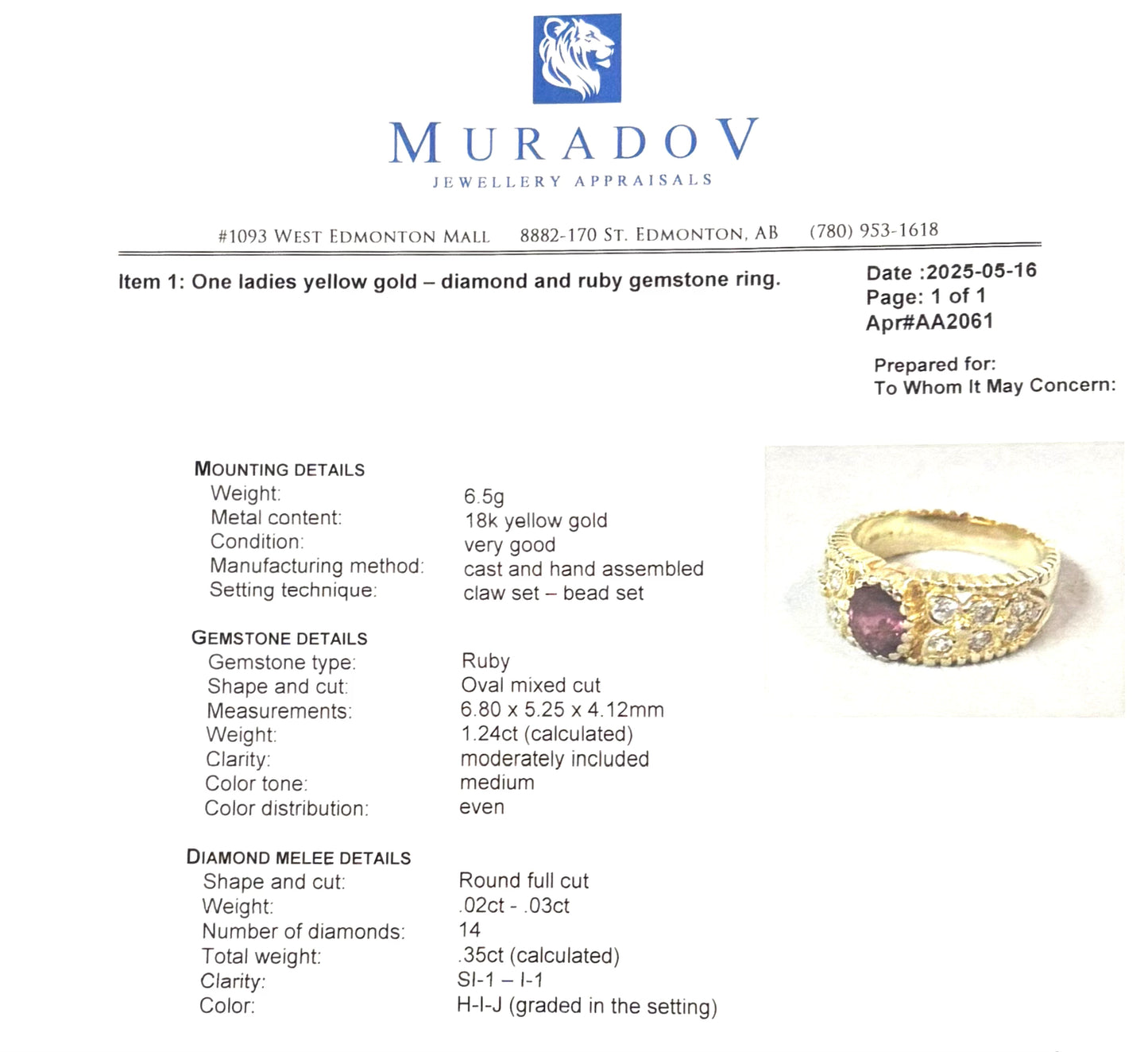 18K Yellow Gold Ruby & Diamond Ring – 1.24ct Ruby, .35ct Diamonds