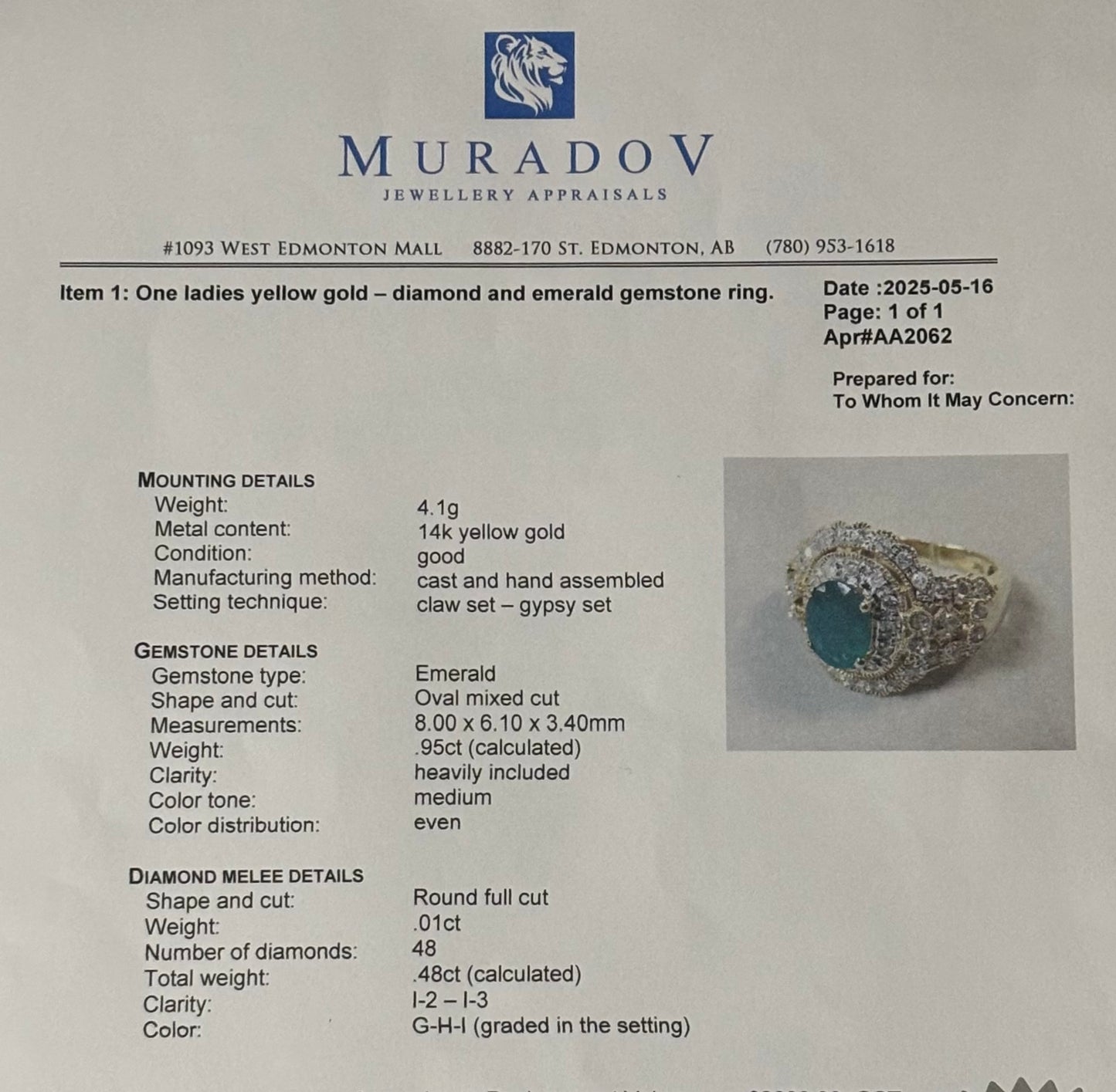 14K Yellow Gold Emerald & Diamond Ring