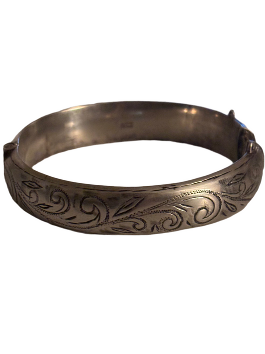 Sterling Silver Scroll Etched Bangle Bracelet vintage English