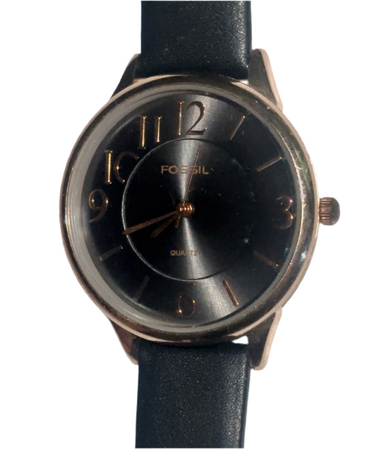 Ladies fossil, quartz, black rose gold accent